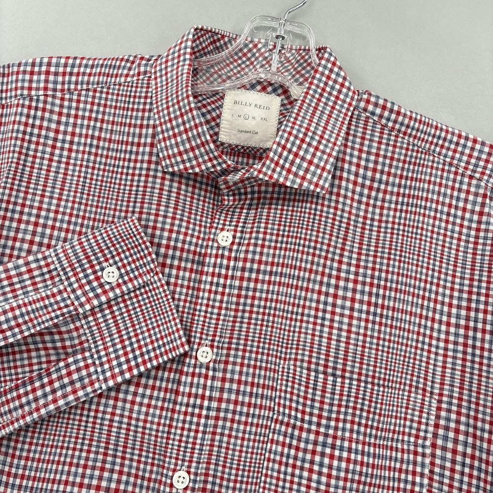 Billy Reid Shirt Mens Large Red Check Standard Cut Button Up Long Sleeve Cotton